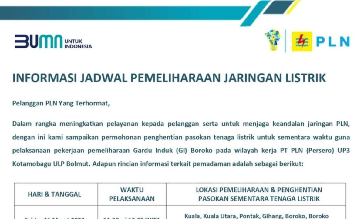 Pengumuman Jadwal Pemadaman Listrik Besok di Bolmut