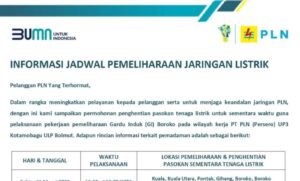 Jadwal Pemadaman Listrik Besok di Kecamatan Kaidipang