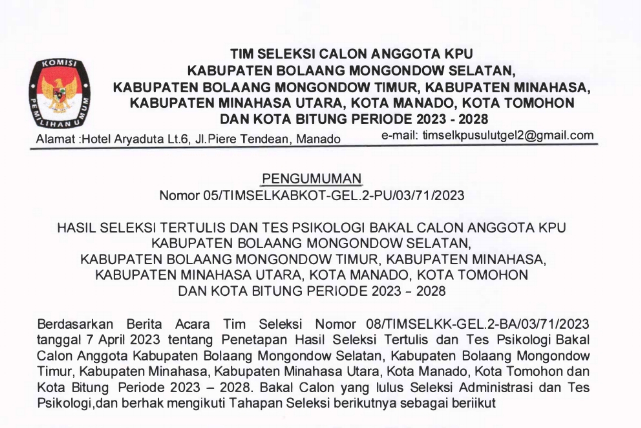 Pengumuman hasil tes tertulis calon Anggota KPU 7 Kabupaten/Kota di Sulut