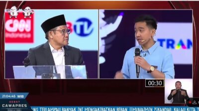 Debat Cawapres, Muhaimin Iskandar (Kiri) dan Gibran Rakabuming Raka (Kanan)