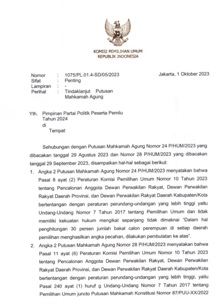 Screenshot Surat Yang dikeluarkan oleh KPU RI kepada Pimpinan Parpol perihal menindaklanjuti putusan MA terkait Keterwakilan Perempuan