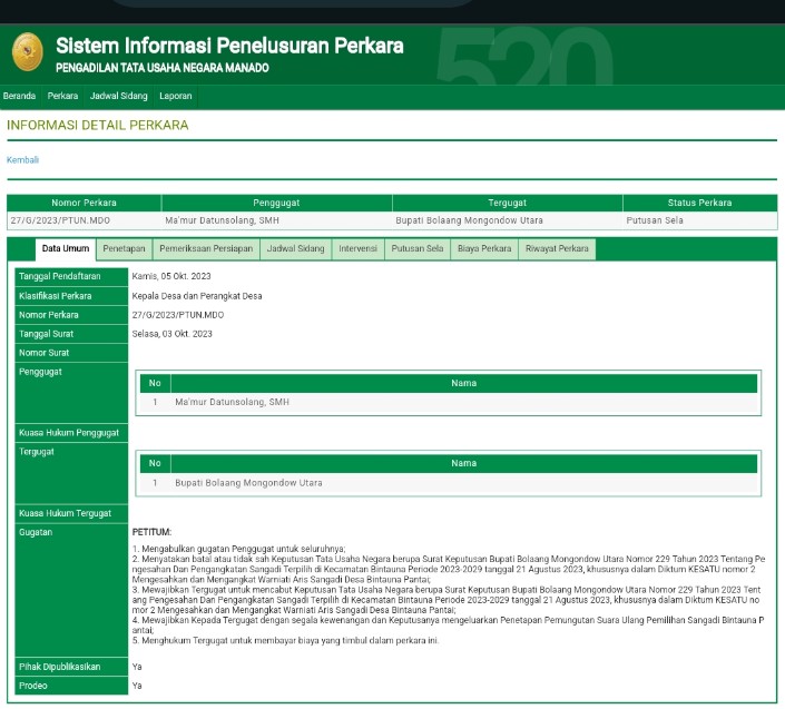 Screenshot Putusan PTUN Manado yang di release dalam SIPP
