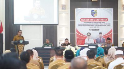 Sirajudin Lasena saat menyampaikan sambutannya di Musrembang tingkat Kabupaten Bolmut mengatakan kehadiran BUMD jadi solusi mengatasi masalah produksi pertanian di Bolmut